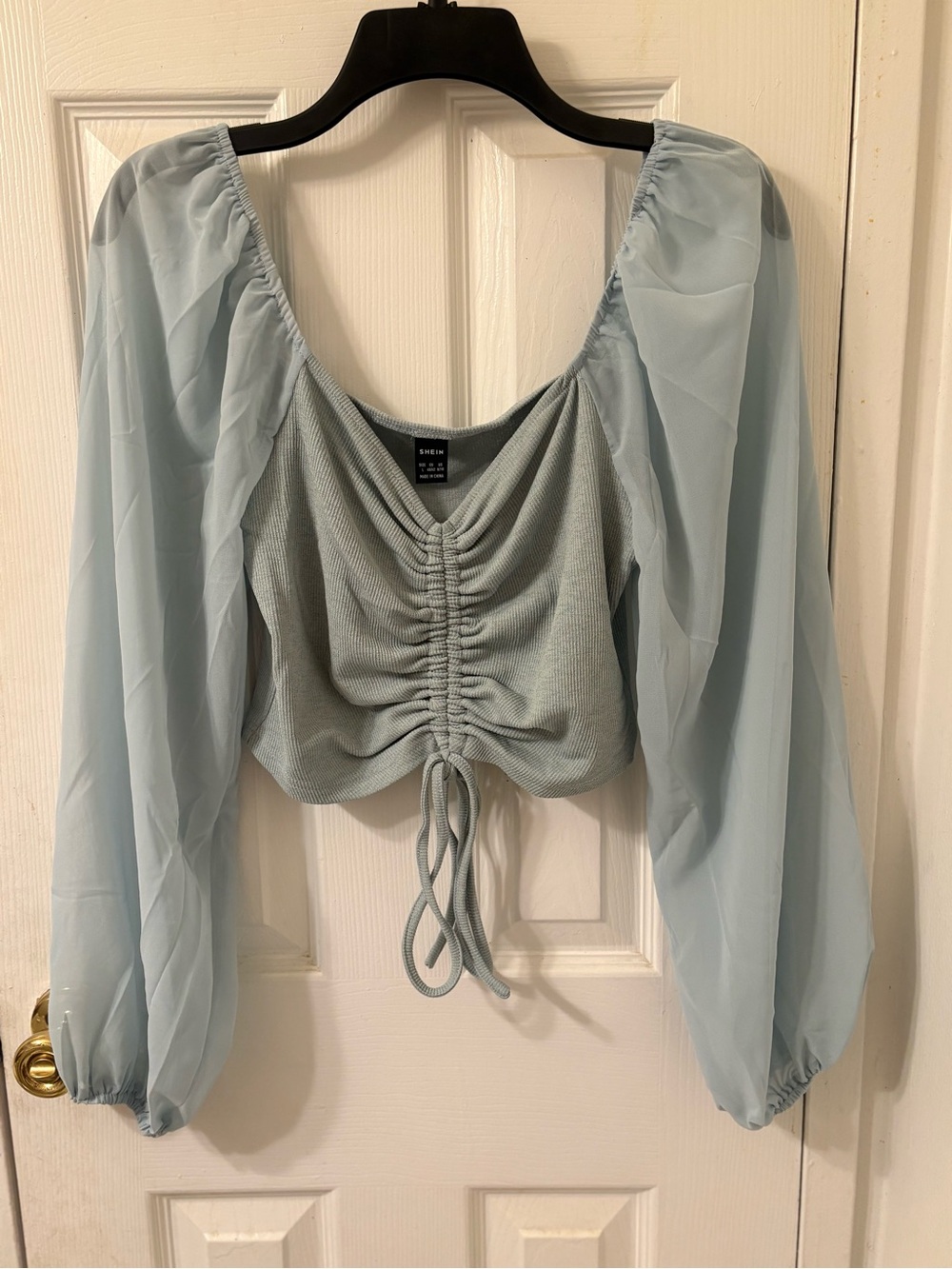 SHEIN Pale Blue/Teal Ruched Drawstring Crop Top with Sheer Balloon Sleeves
